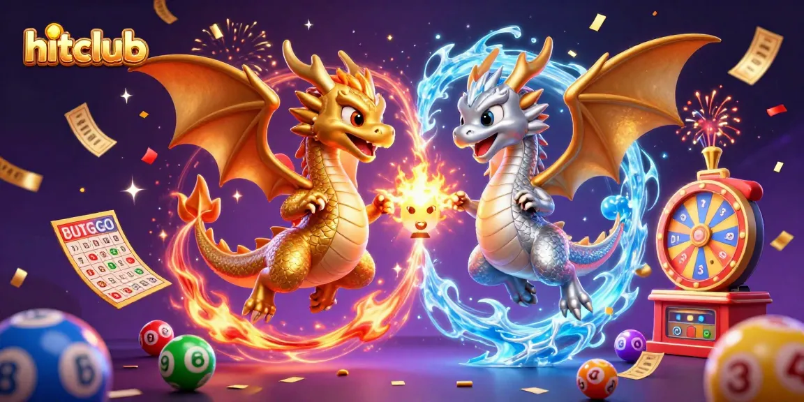 Experience the hitclub excitement with lottery elements in a vibrant 3D dragons illustration.