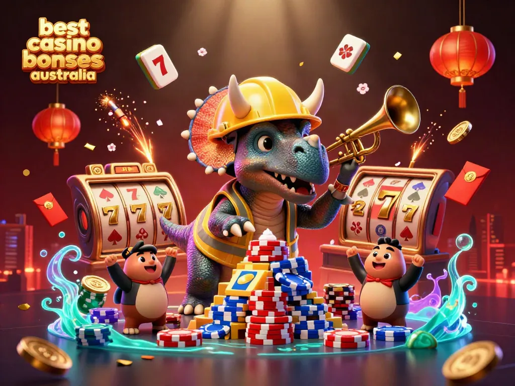 Play with the best casino bonuses Australia while a triceratops builds a poker chip pyramid amidst celebration and vibrant casino elements.