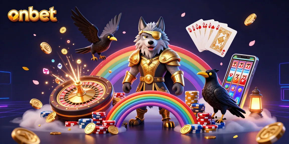 Experience thrilling gaming at onbet with Odin and ravens against a vibrant casino backdrop.