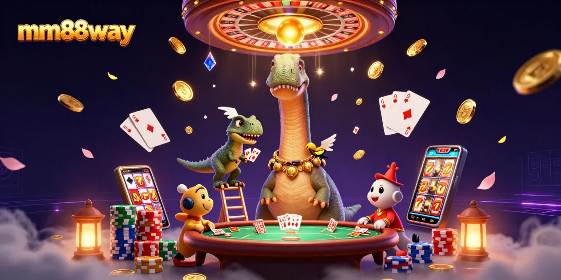 Experience the excitement of mm88way with a towering brontosaurus amid dazzling casino elements.
