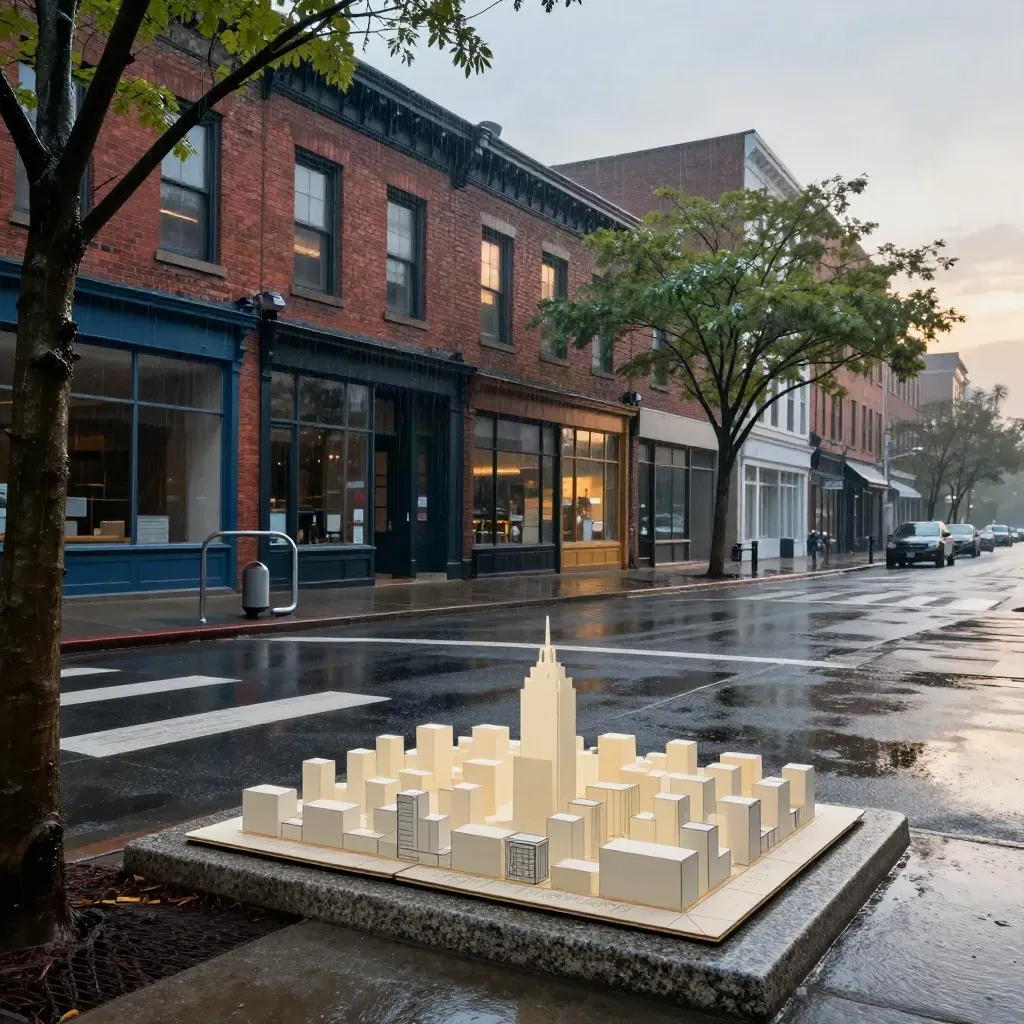 Rain-soaked downtown block with brick storefronts, crosswalk, bike corral, and city model at dawn.