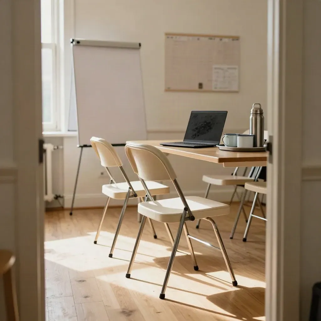 Sunlit community room with folding chairs, flip chart, laptop and thermos tray, ready for a local chapter meeting