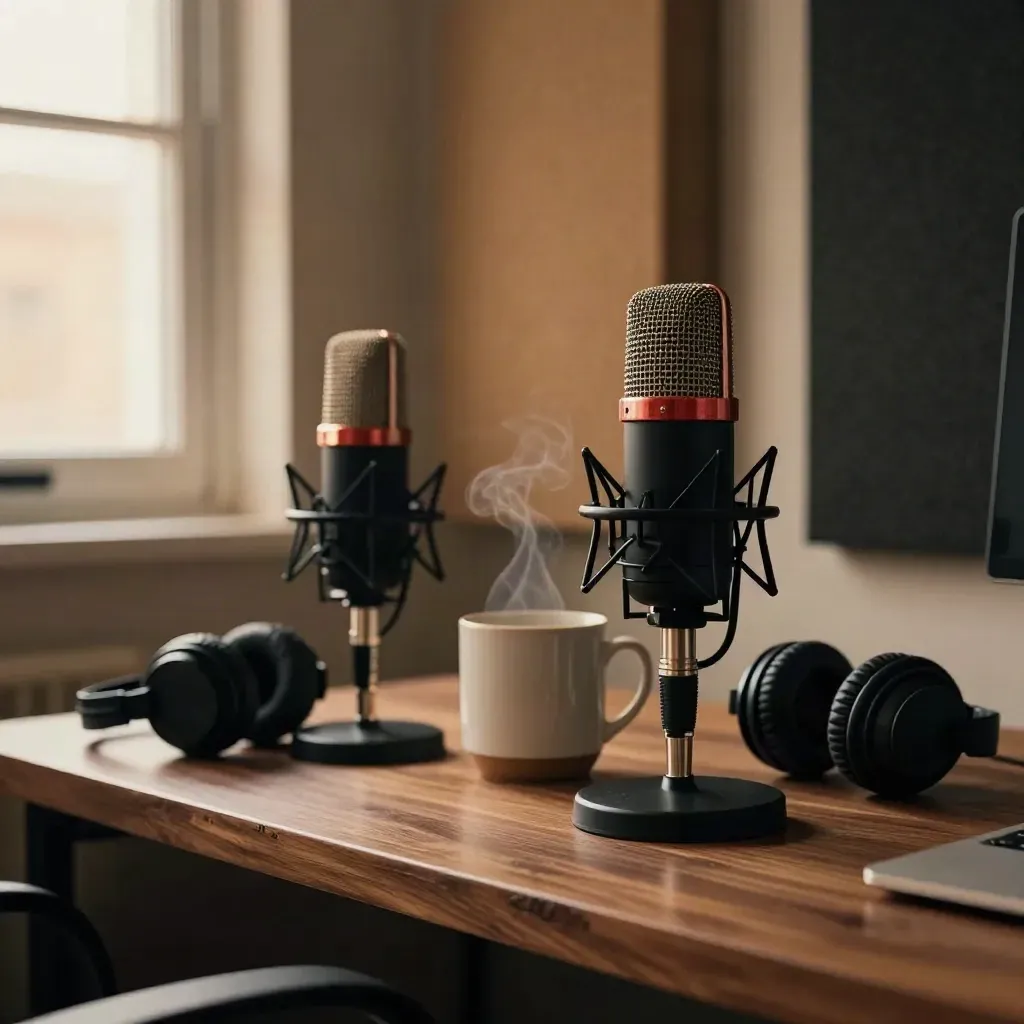 Podcast mics, headphones, mug, and acoustic panels in warm late-evening light.
