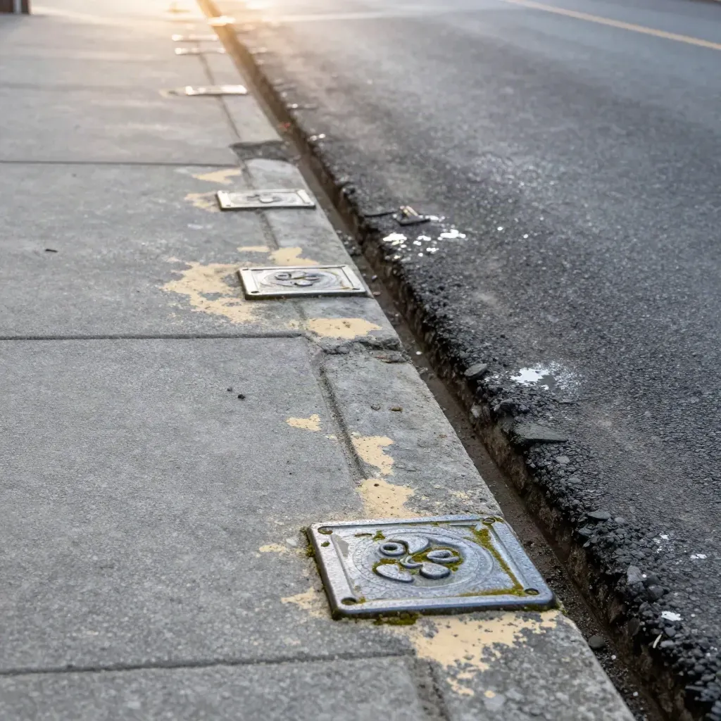 Fresh sidewalk repair cut with steam and aligned utility covers