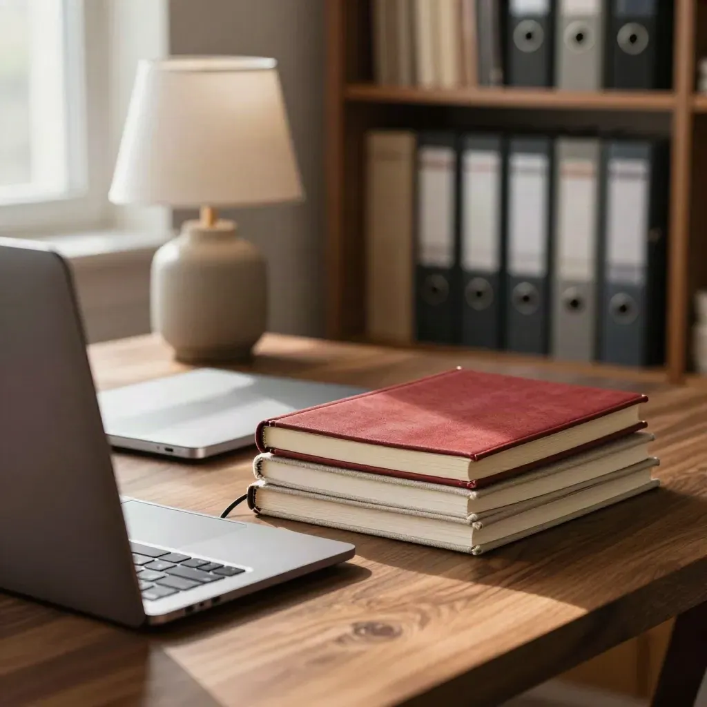 Angled laptop, lamp, closed notebooks, and binders in a quiet home office glow.