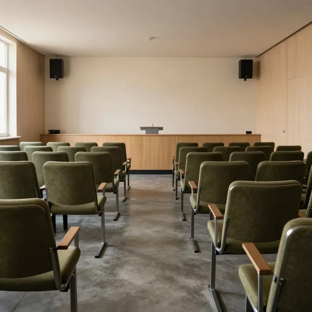 Empty lecture hall with projector glow and rows of chairs before a recorded talk.