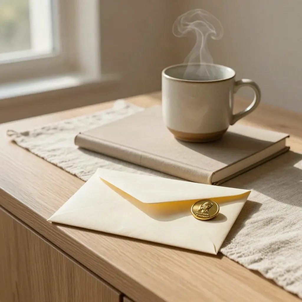 Cream membership welcome still life with envelope, pin, notebook, and steaming mug on a sideboard.