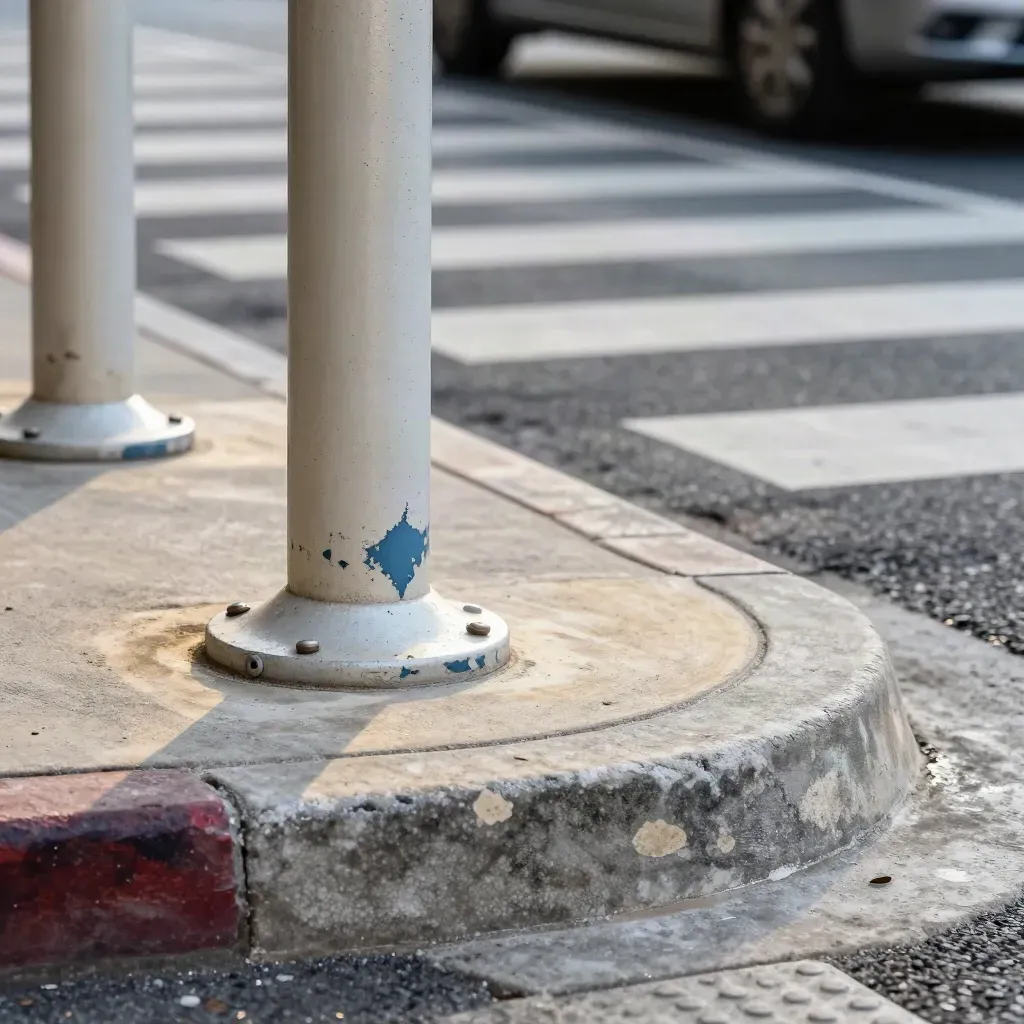 Close street-corner macro of bollards, curb extension and crosswalk with a blurred parked car edge.