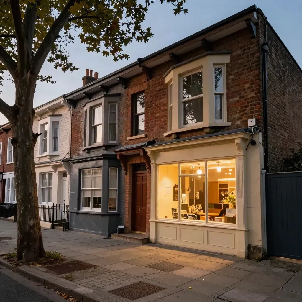 Mixed housing block at dusk with bungalow, duplex and shopfront apartments under a tree.