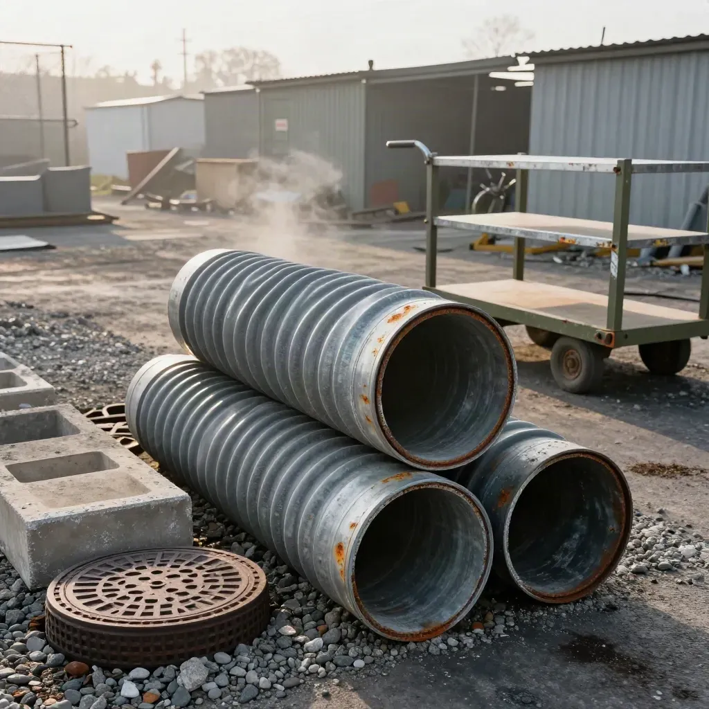 Stacked pipes, manhole covers and forms in a hazy maintenance yard at dawn