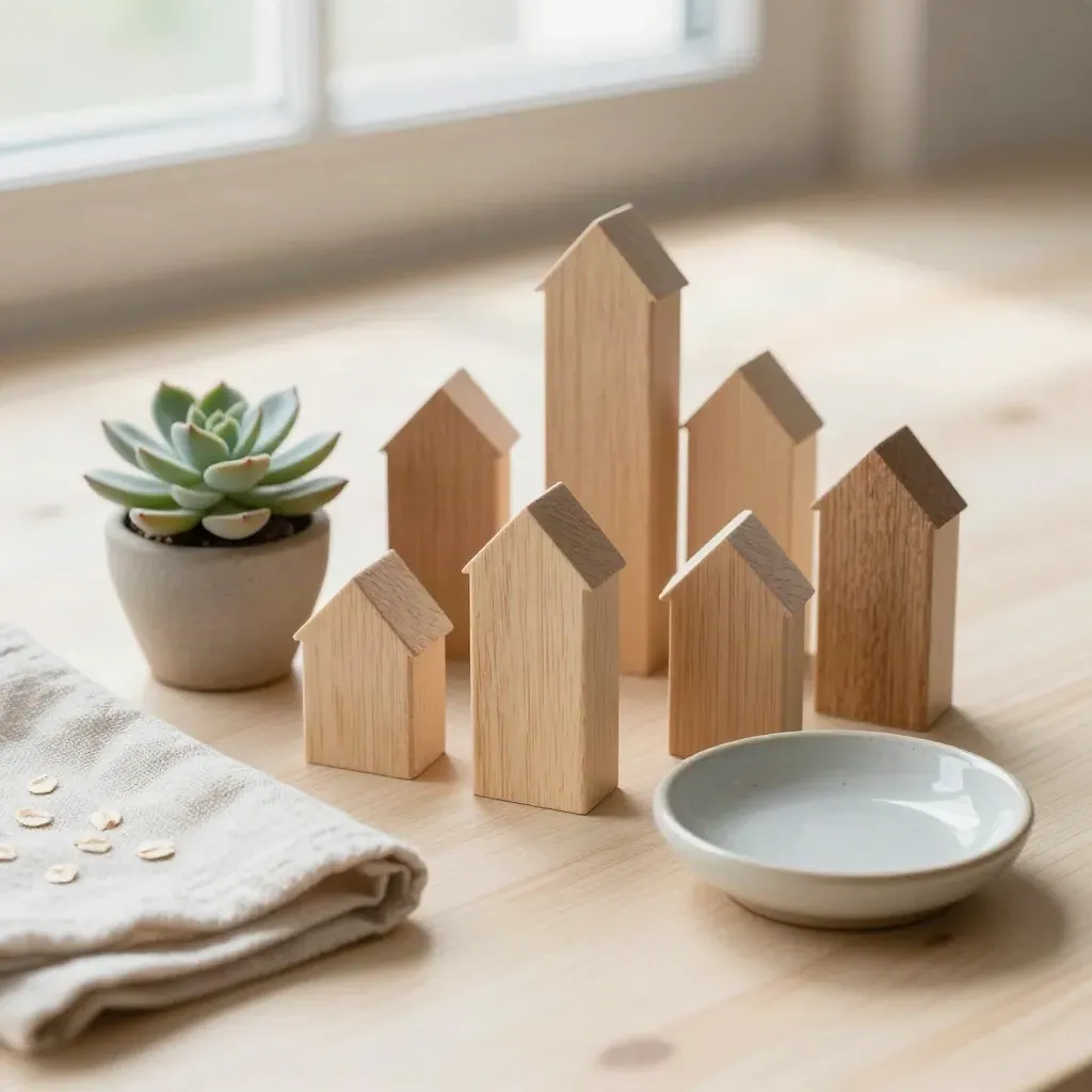 Miniature wooden house blocks with succulent, linen and ceramic dish on pale wood