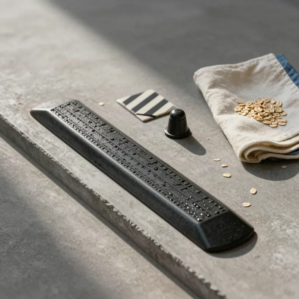 Reflective curb-ramp sample with crossing tile, bollard cap, and folded cloth on a concrete tray.