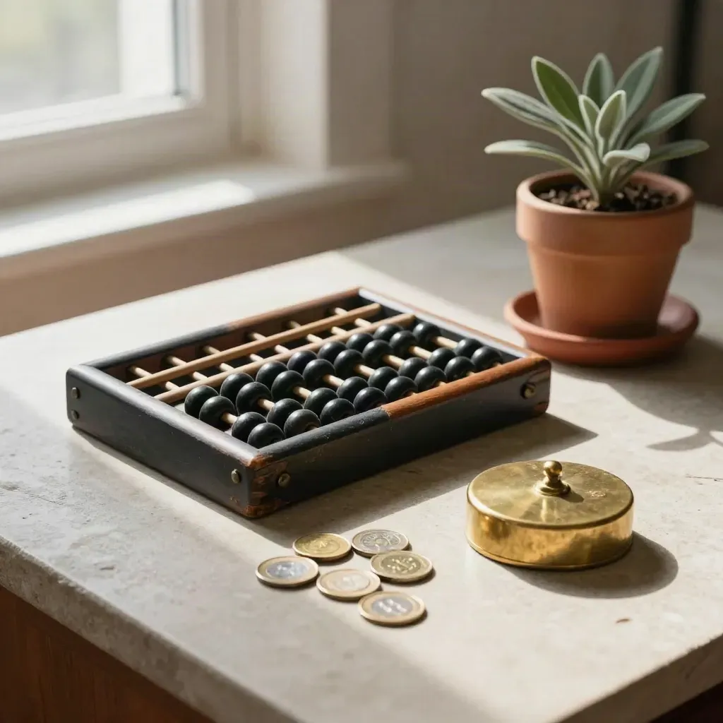 Abacus, coins, brass paperweight, and small plant on a stone desk in soft window light.