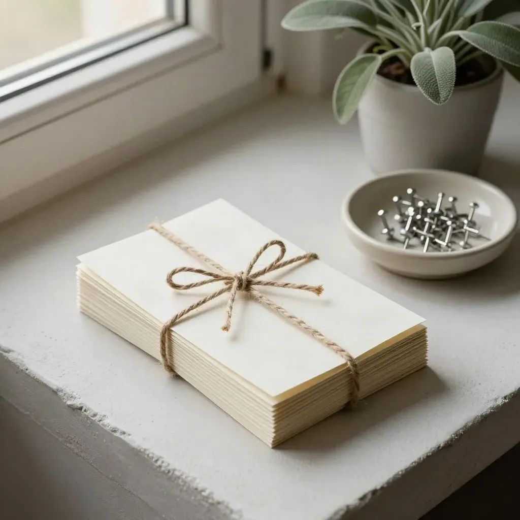 Twine-tied index cards, pushpins, ceramic dish and small sage plant on pale plaster.