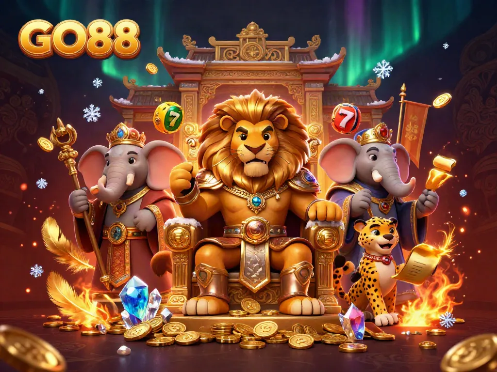 Experience GO88's dynamic casino world with a roaring lion king, wise elephant, and swift cheetah amidst thrilling game elements.