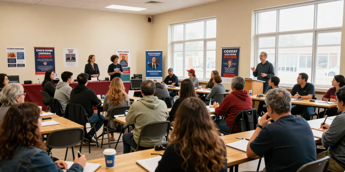 Engaged voters discussing Casey Askar's controversies during a town hall meeting.