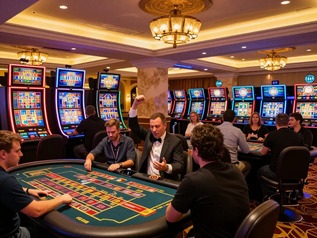 Players engaged in thrilling gameplay at tr88 casino, celebrating wins at vibrant slot machines and roulette.
