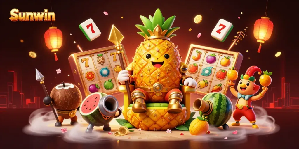 Sunwin showcases an engaging 3D illustration of a golden pineapple king at a vibrant casino, highlighting winning symbols.