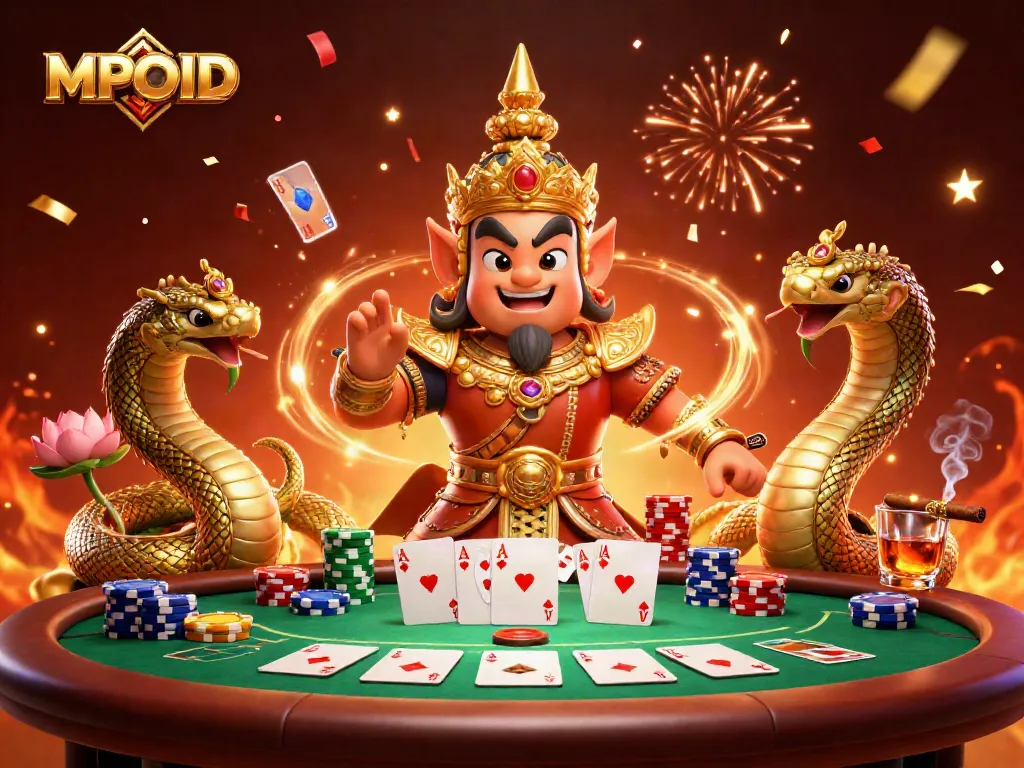 MPOID promotes exciting poker action with a guardian and Naga, celebrating winnings.