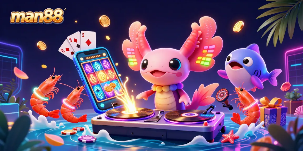 man88 showcases a vibrant casino scene with a DJ axolotl and playful marine characters spinning games.