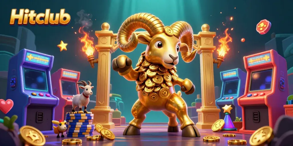 Hitclub's vibrant 3D cartoon scene showcases a golden ram charging through casino-themed elements, highlighting gaming excitement.