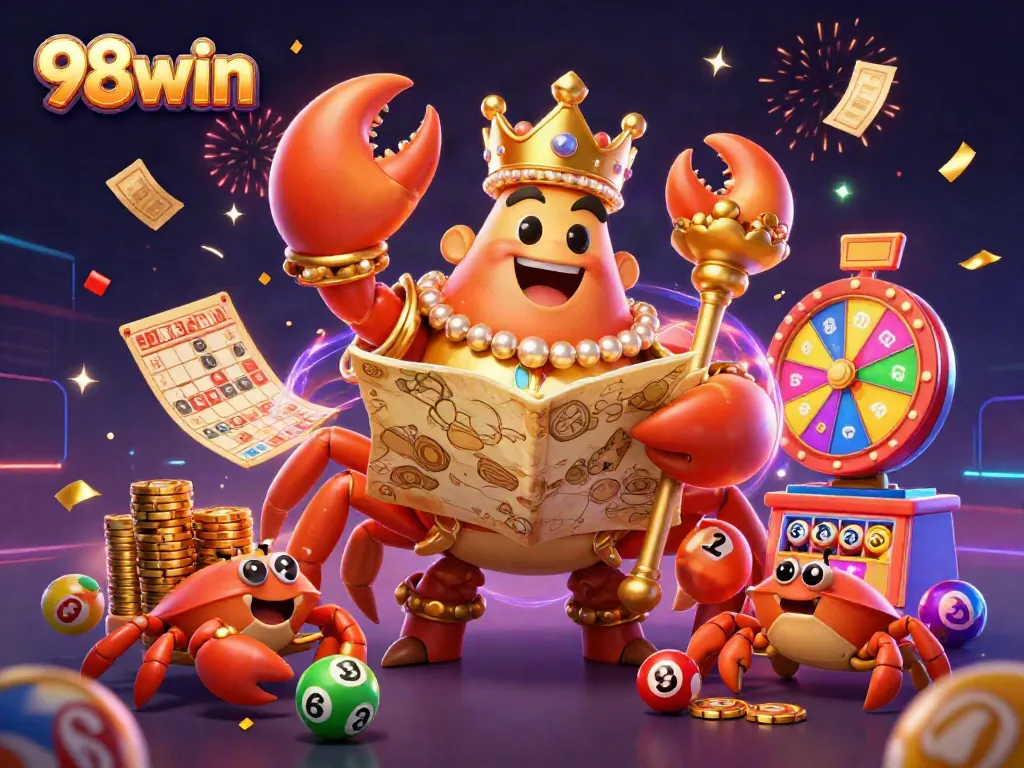 Win exciting prizes at 98win with a vibrant lottery scene showcasing dynamic elements and engaging characters.