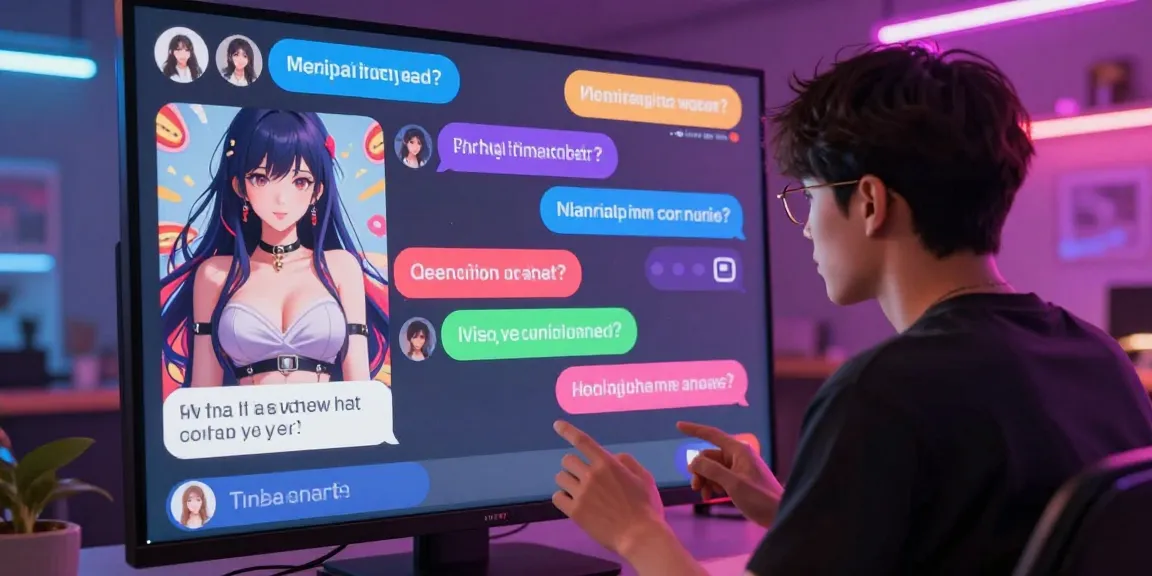 Engaging hentai chat AI interaction in a vibrant digital space with animated characters and neon lighting.