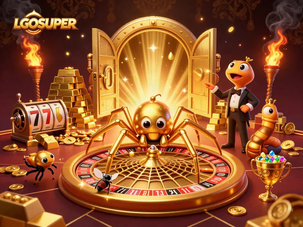Engaging LGOSUPER casino scene showing a golden spider crafting a roulette wheel web, full of rich game elements.