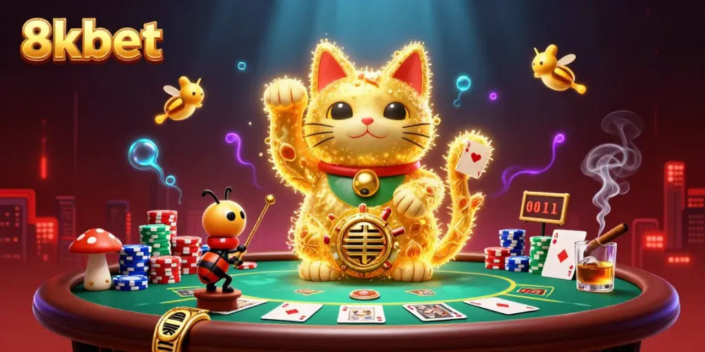 Engage with the dynamic scene of 8xbet featuring a lucky cat with casino symbols in vibrant colors.