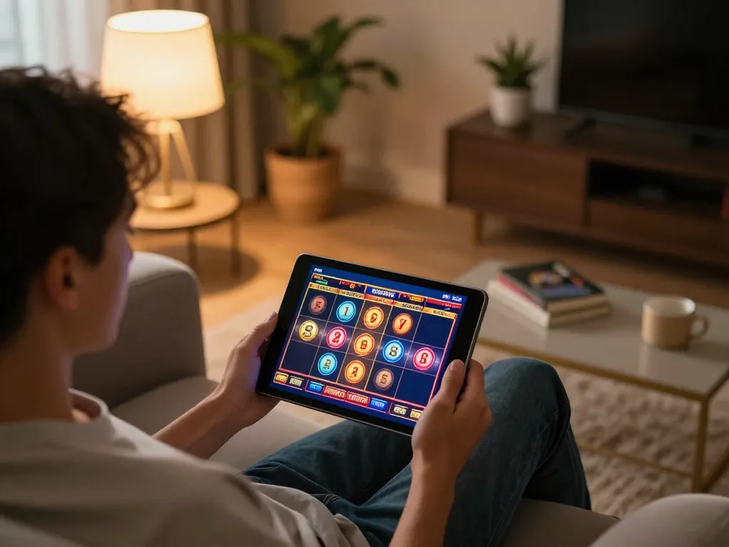 Engaging scene of a player using qh88go tablet for online gaming, showcasing colorful slots interface.
