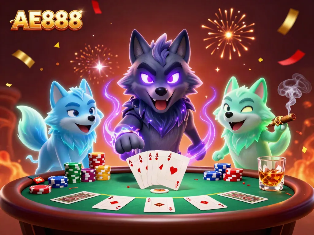Experience the AE888 casino excitement with vibrant poker scene featuring ghostly wolves and colorful chips.