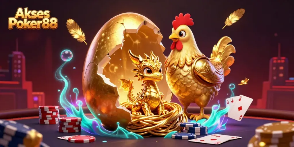 Akses Poker88 showcases a golden baby dragon on poker chips, embodying an exciting gaming experience.