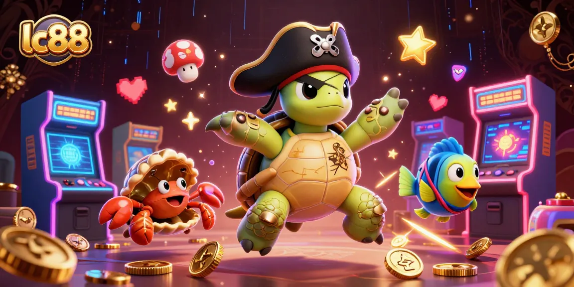 Immerse in lc88's vibrant gaming world, featuring cartoon characters amidst 3D casino treasures.
