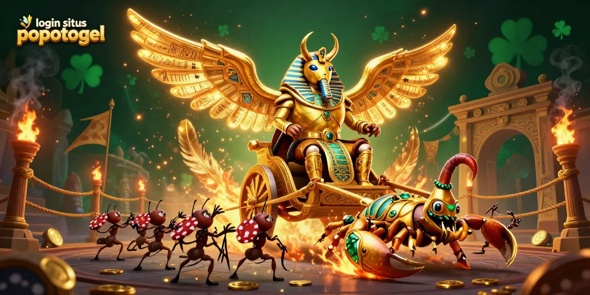 Play with luck at login situs popotogel featuring a dynamic golden beetle and scorpions in an animated casino scene.