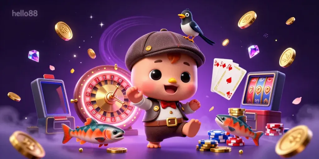 Experience the vibrant excitement of hello88 with a magical gaming scene featuring playful characters and dynamic casino elements.