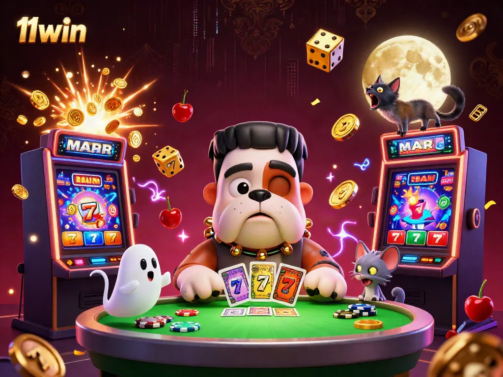 Experience the thrilling world of 11win with a lively casino scene filled with unique characters and gaming elements.