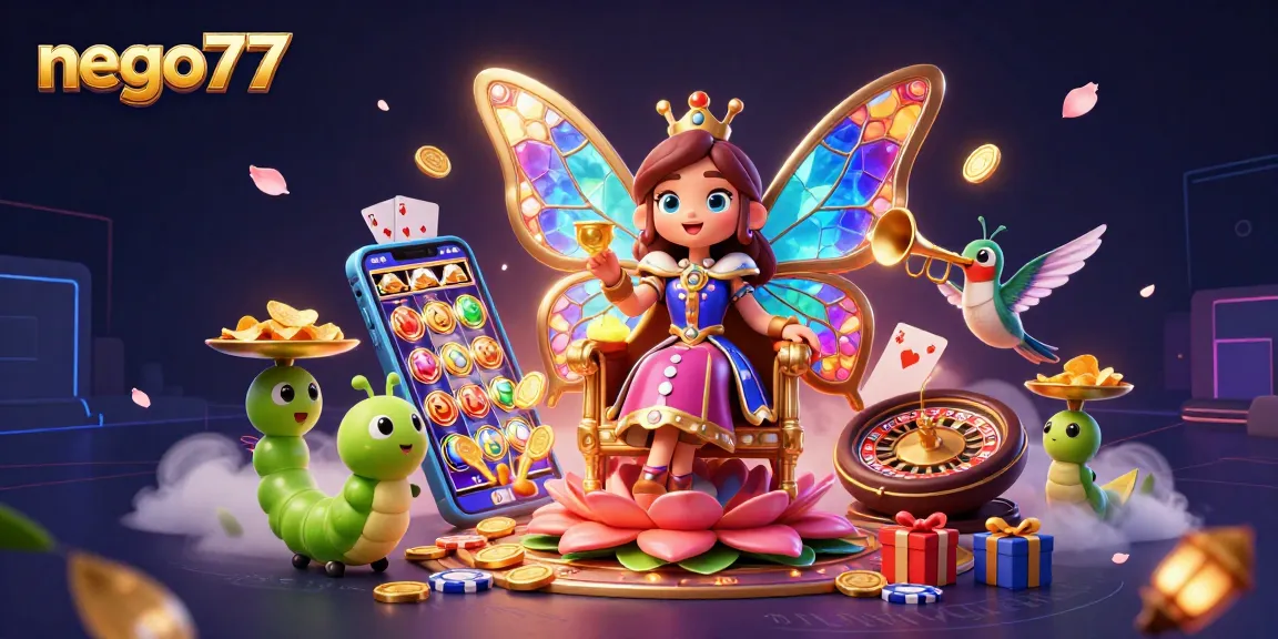 Engage with the exciting world of nego77 as vibrant characters showcase thrilling slot games and casino elements.