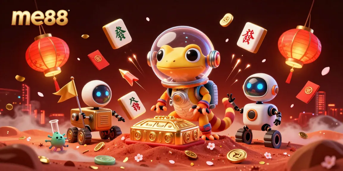 Play at me88 while enjoying a vibrant casino scene with Martian characters and festive elements.