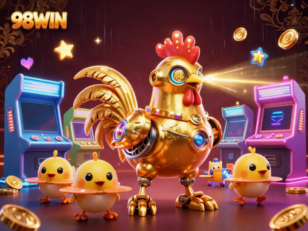 Engage with exciting 98WIN games as the golden rooster robot leads a high-energy casino adventure.