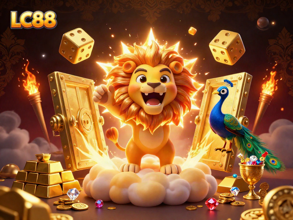LC88 showcases a vibrant casino-themed illustration featuring a roaring sun lion and golden dice amidst treasures.