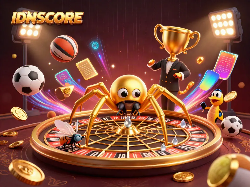 Experience thrilling betting excitement with IDNSCORE's dynamic online casino illustration, featuring a creative roulette web.