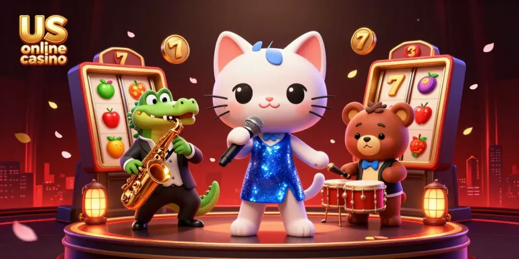 Experience the lively atmosphere of a us online casino with vibrant characters performing amidst animated slot game elements.