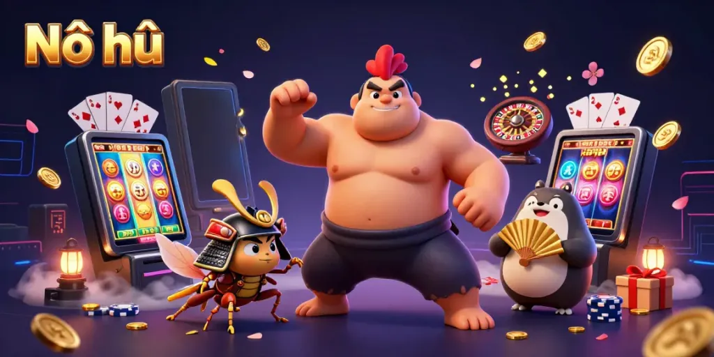 Nổ hũ game scene featuring a powerful sumo rooster and fierce samurai cricket engaging in dynamic casino fun.