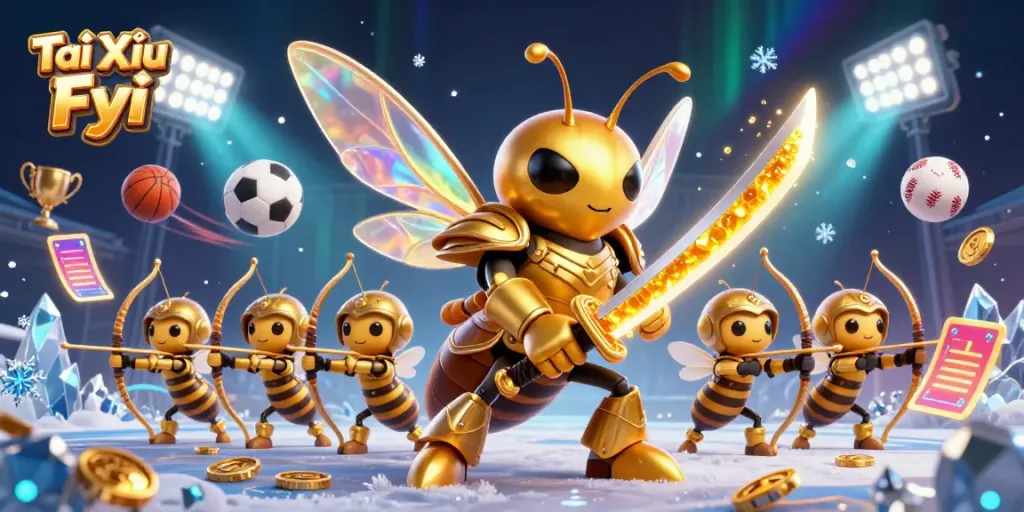 Tài Xỉu Fyi features a dynamic 3D scene with a golden hornet and sports elements, showcasing casino excitement.
