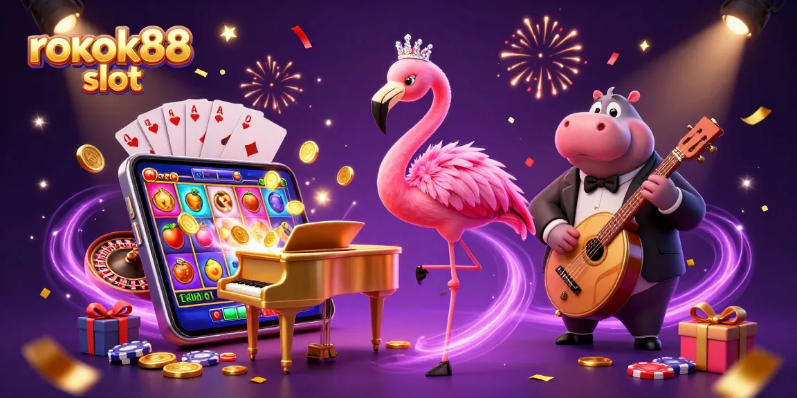 Experience the thrill of rokok88 slot with vibrant casino elements and engaging characters in a lively, colorful scene.