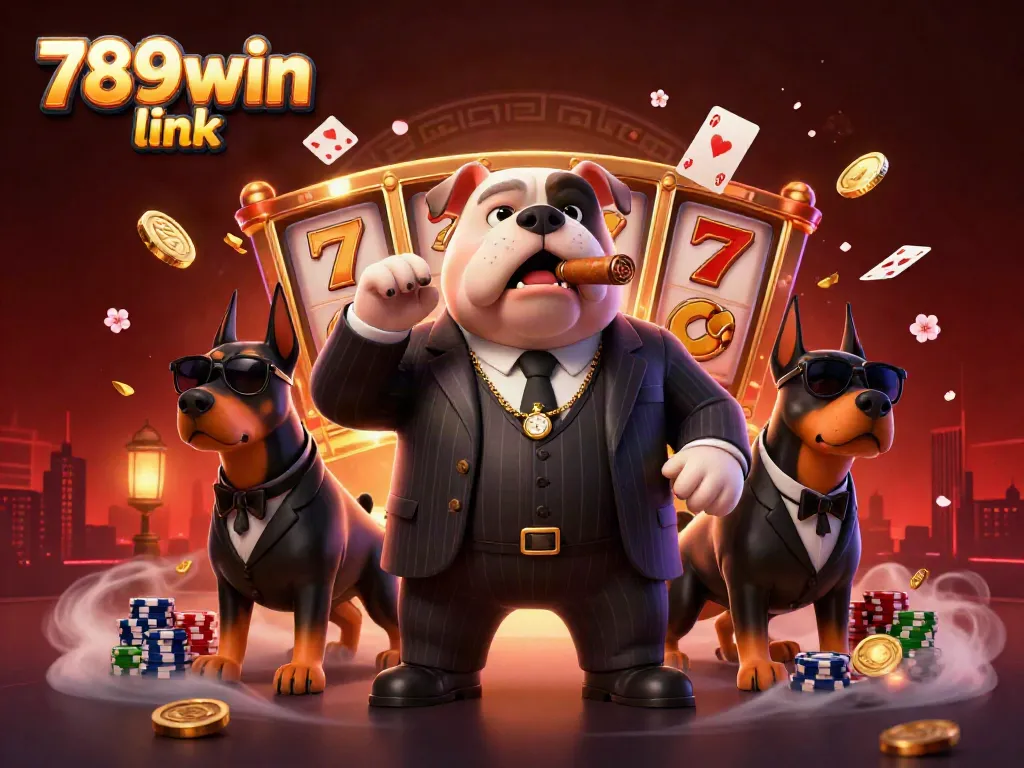 Spin and win with the 789win link in this vibrant casino scene featuring a mafia bulldog and Doberman bodyguards.