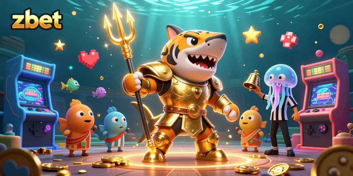 Experience zbet's thrilling underwater colosseum with a gold-armored shark and a vibrant crowd.