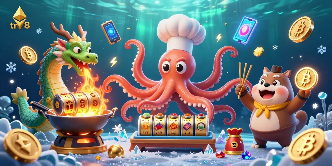 Win big with tr88's vibrant slot reels and crypto coins in this colorful casino illustration.
