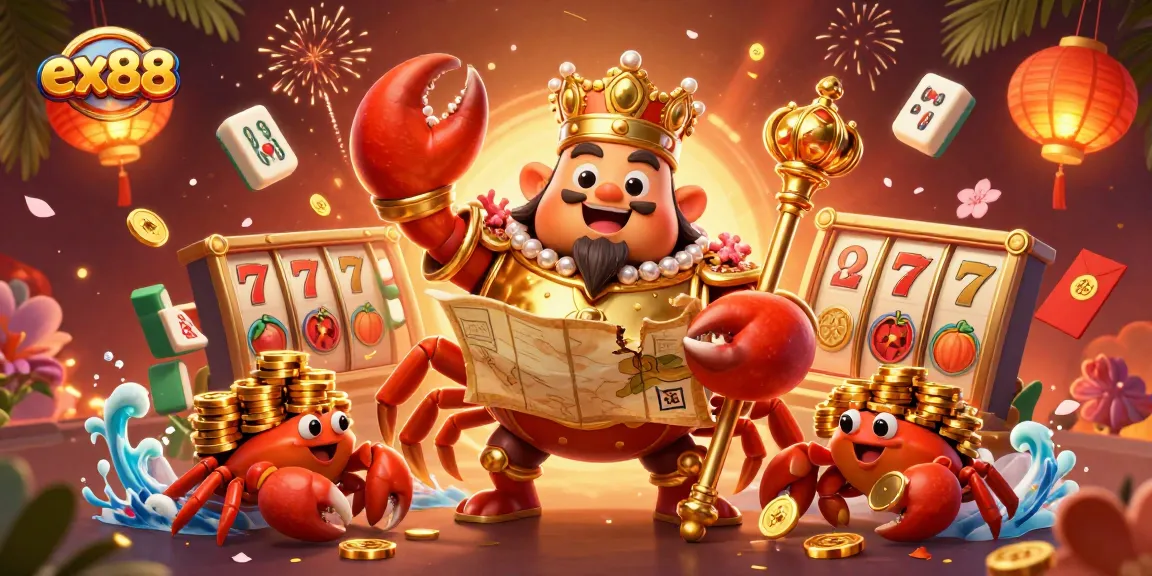 Experience winning at ex88 with a golden crab emperor in a vibrant casino scene filled with jackpot elements.