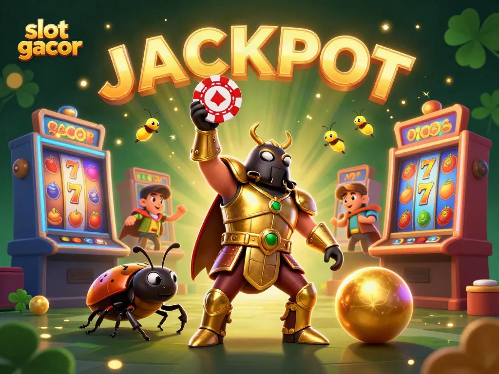 Experience the thrill of slot gacor with a 3D cartoon beetle championing his jackpot victory.